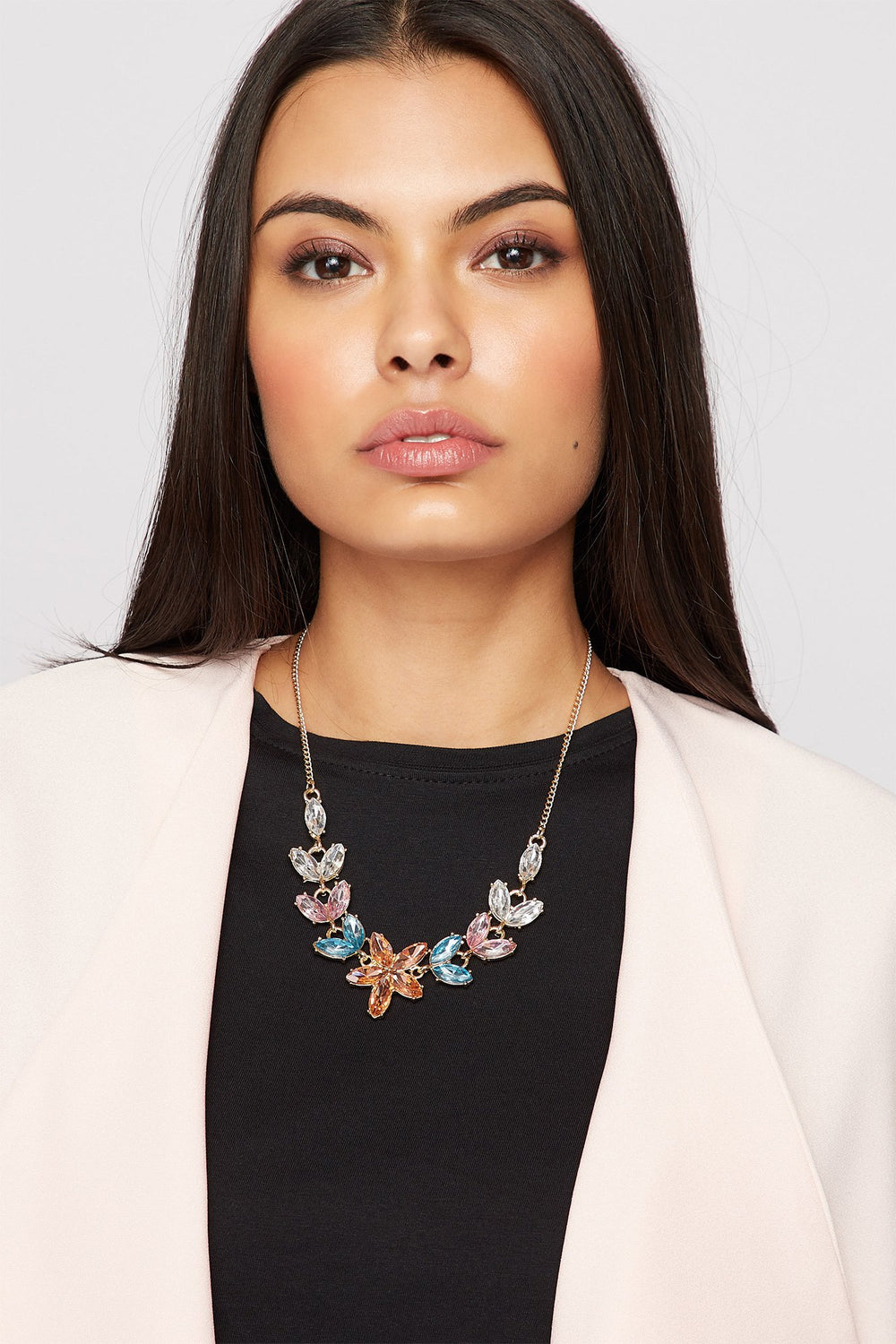 Women Rhinestone Floral Necklace Gold