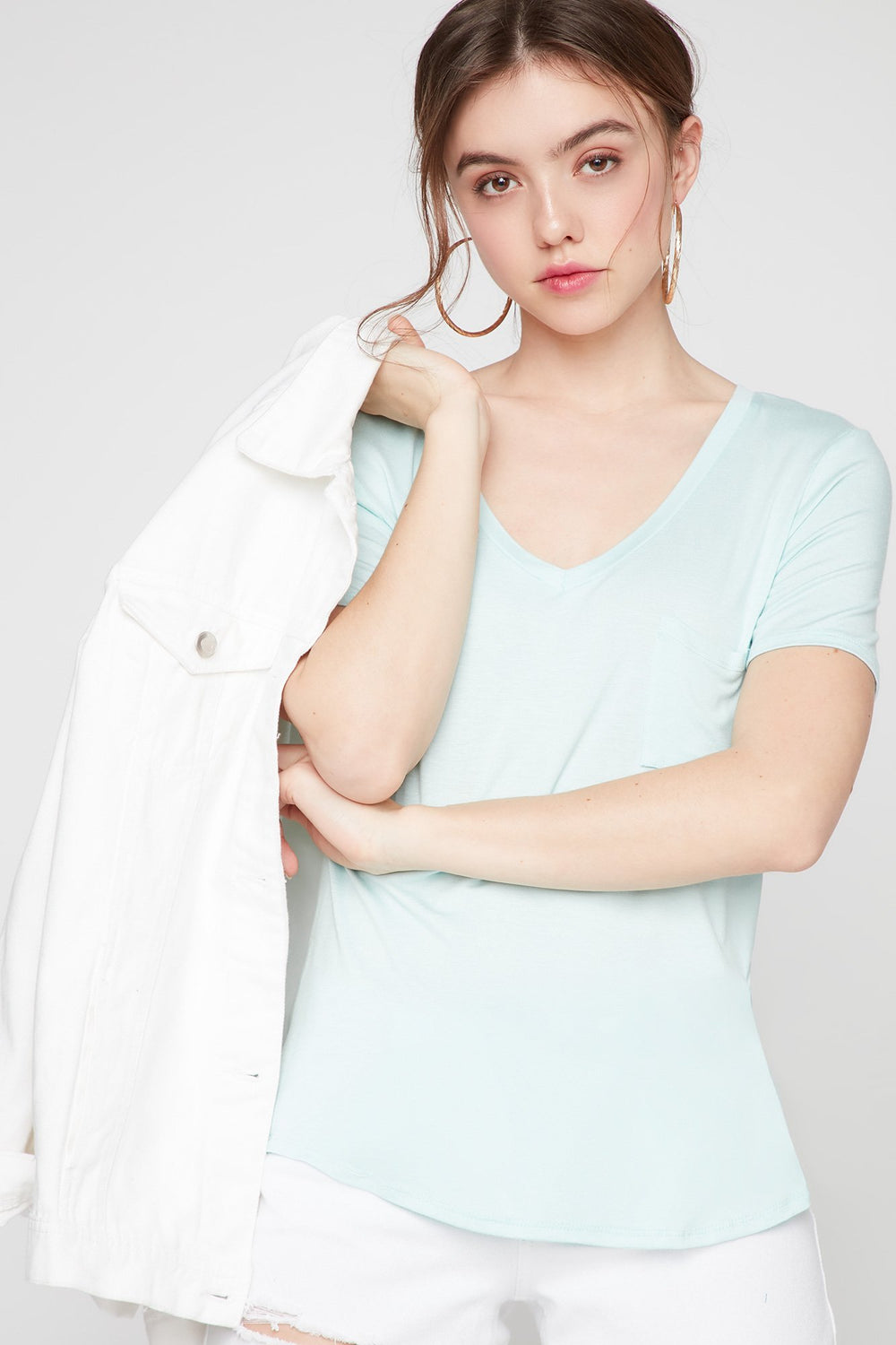 Women Basic V-Neck Pocket T-Shirt Aqua
