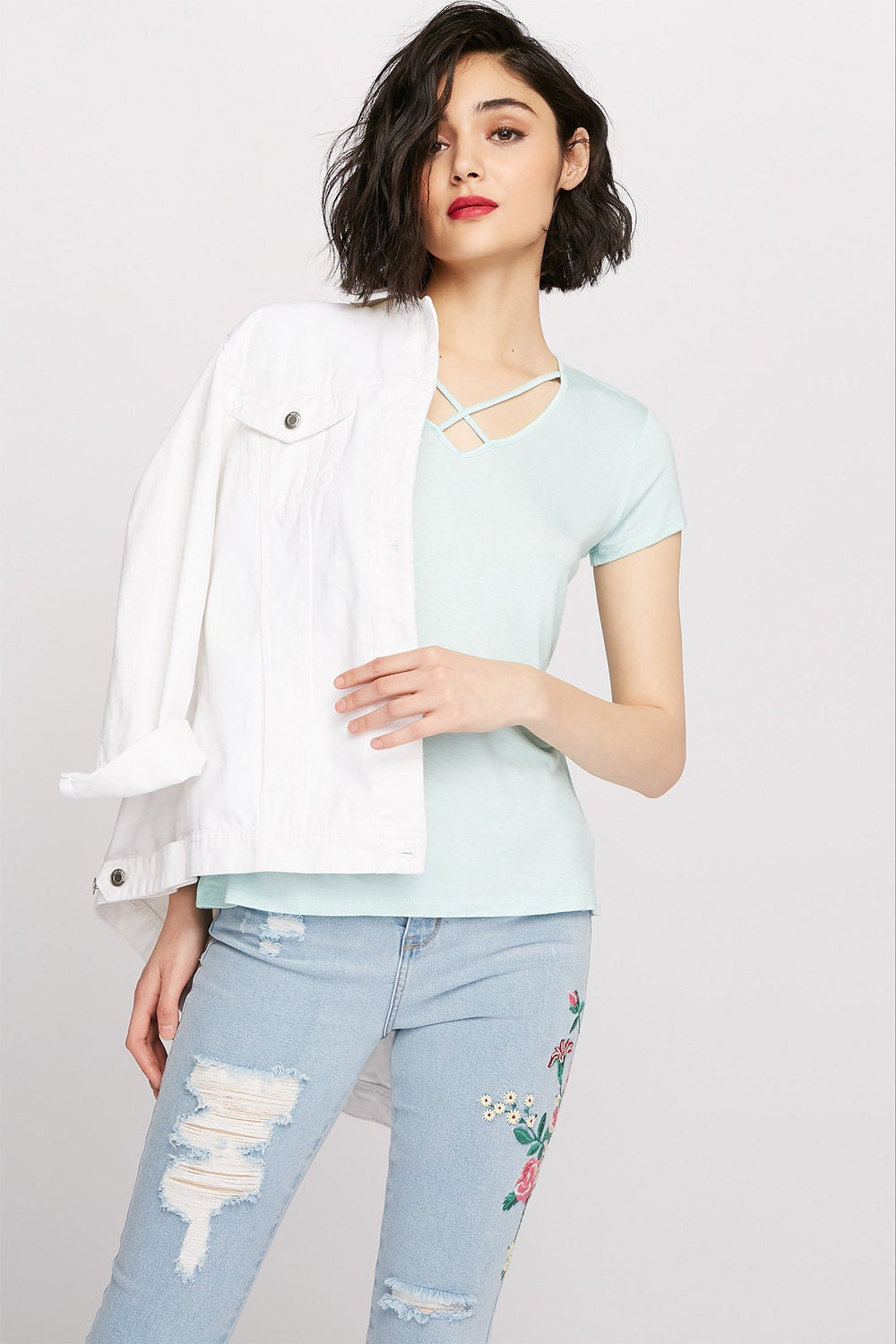 Women Caged Scoop Neck T-Shirt Aqua