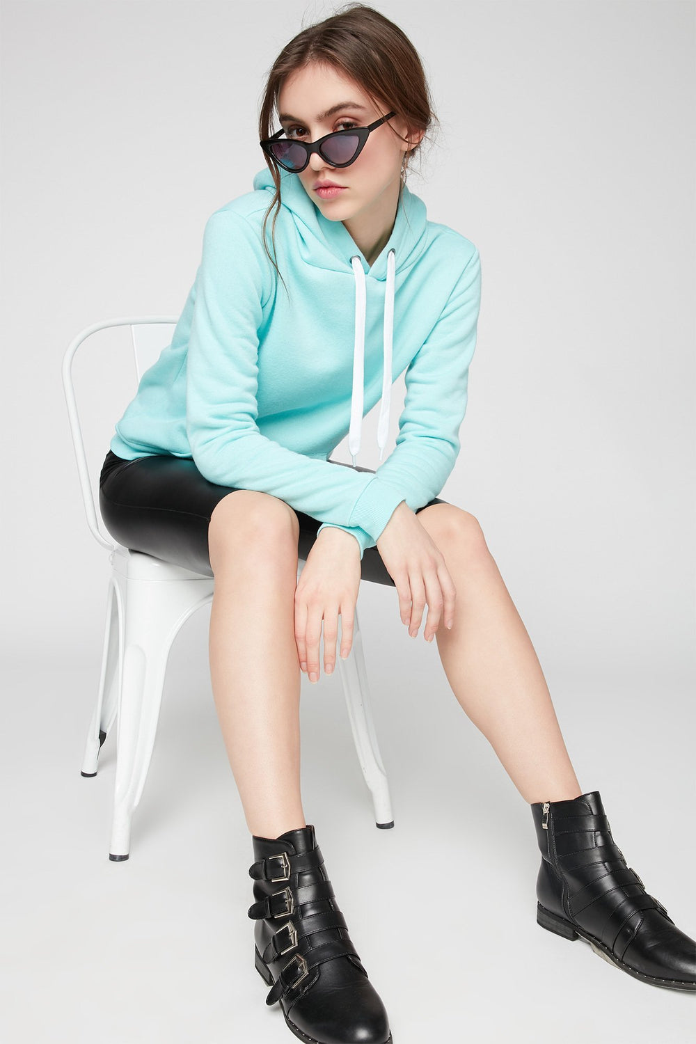 Women Coloured Crewneck Drawstring Popover Hoodie Aqua