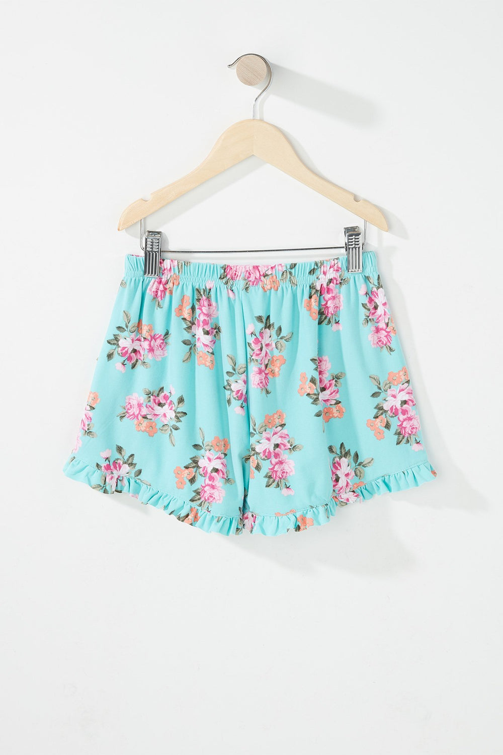 Kids Girls Ruffle Floral Drawstring Tulip Short Aqua