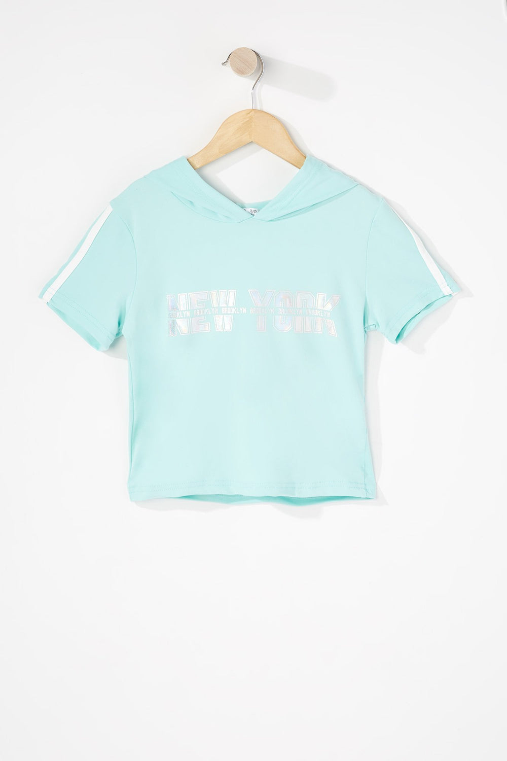 Kids Girls Side Stripe Graphic Hooded Popover T-Shirt Aqua
