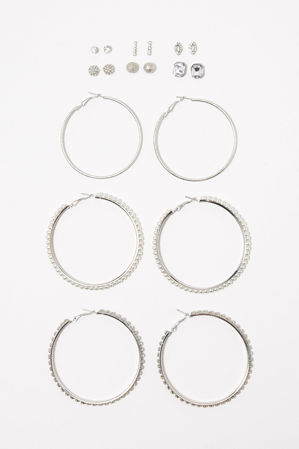 Women Clous d'oreilles et créoles avec perles et pierres du Rhin (9 paires) Argent