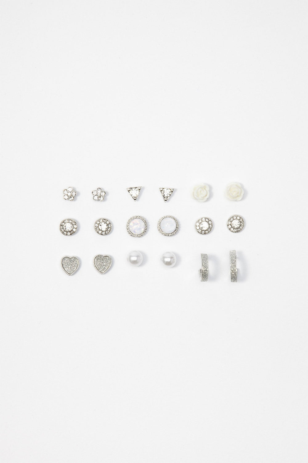 Women Clous d'oreilles fleurs et curs avec pierres du Rhin et perles (9 paires) Argent