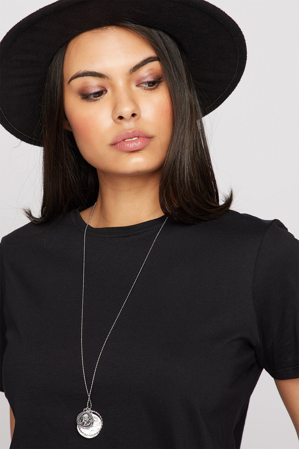 Women Collier long avec bague et pièce de monnaie Argent