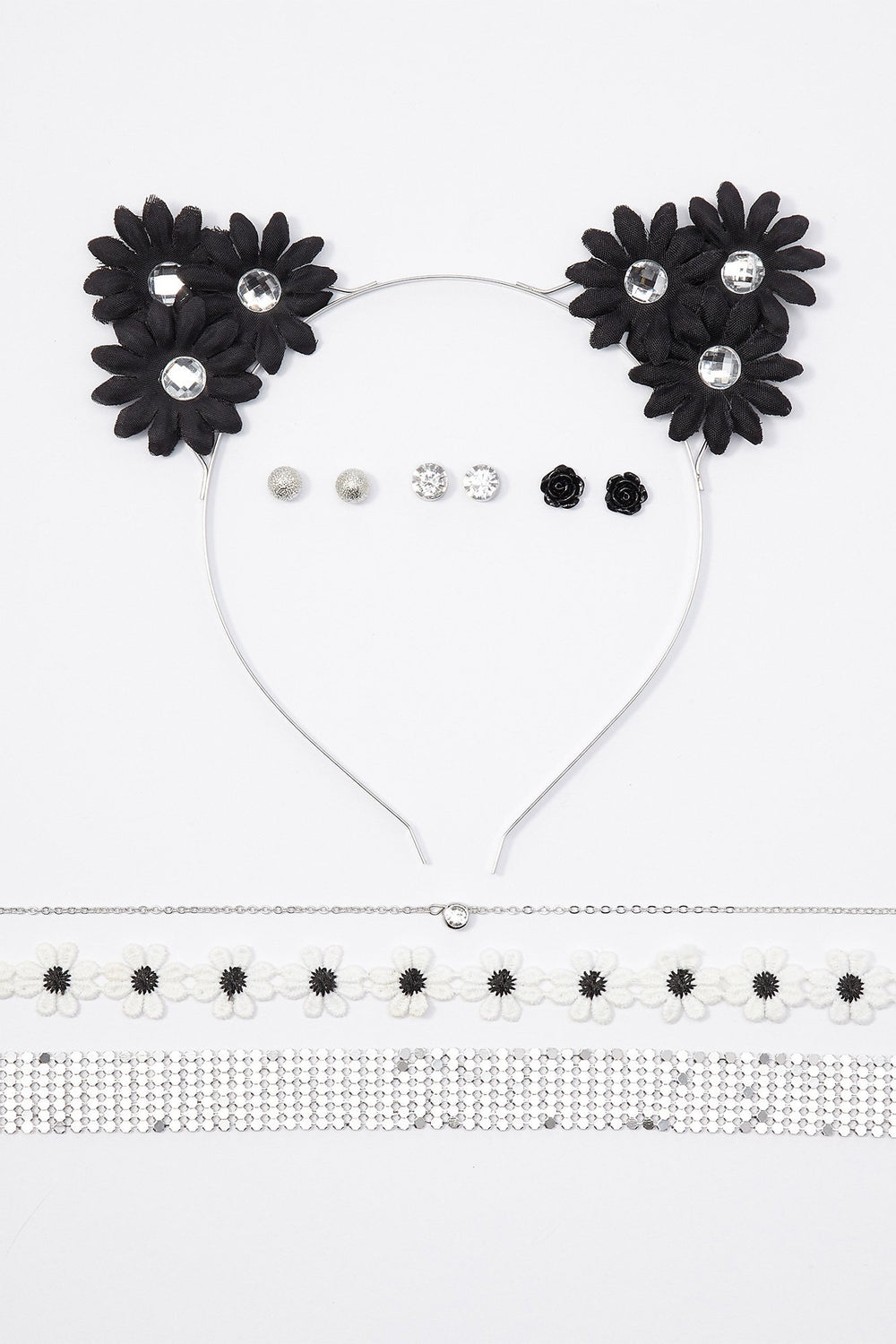 Women Ensemble collier et boucles d'oreilles avec bandeau à oreilles de chat avec fleurs en pierres du Rhin Argent