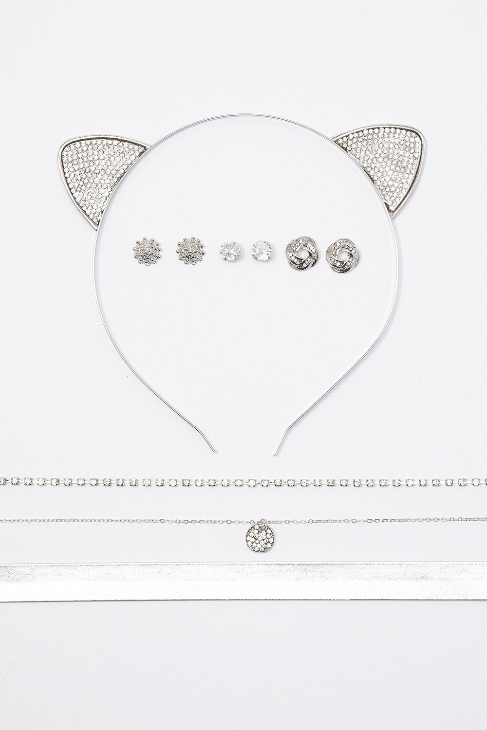 Women Ensemble collier et boucles d'oreilles avec bandeau à oreilles de chat avec pierres du Rhin scintillantes Argent