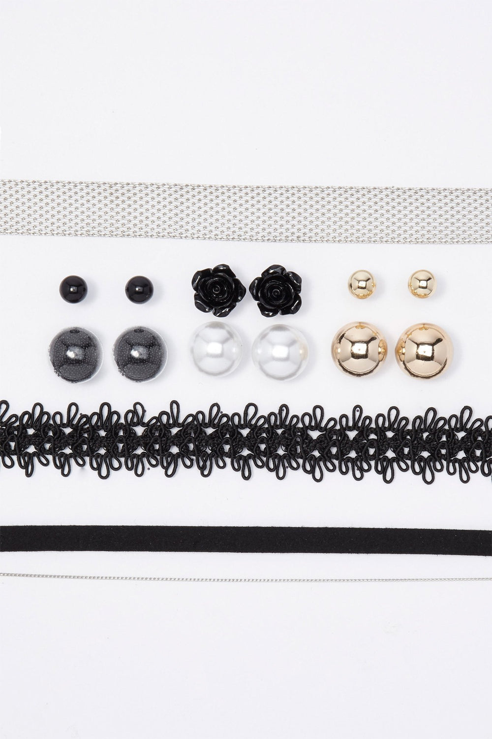 Women Ensemble de boucles d'oreilles et de collier ras du cou perles et crochet (9 unités) Argent