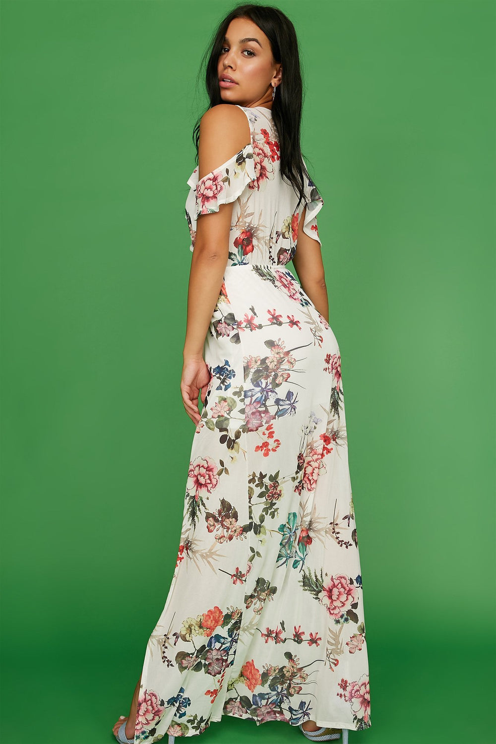 Women Cold Shoulder Floral Ruffle Walkthrough Maxi Dress Assorted