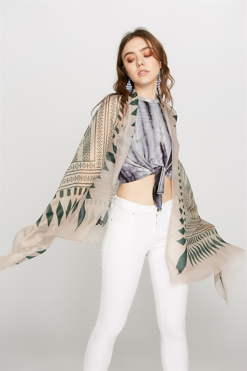 Women Geometric Tribal Frayed Hem Oblong Scarf Assorted