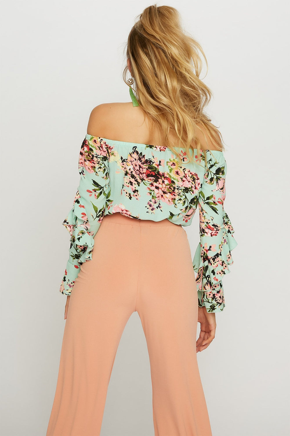Women Off The Shoulder Ruffle Cinched Floral Bell Sleeve Blouse Assorted