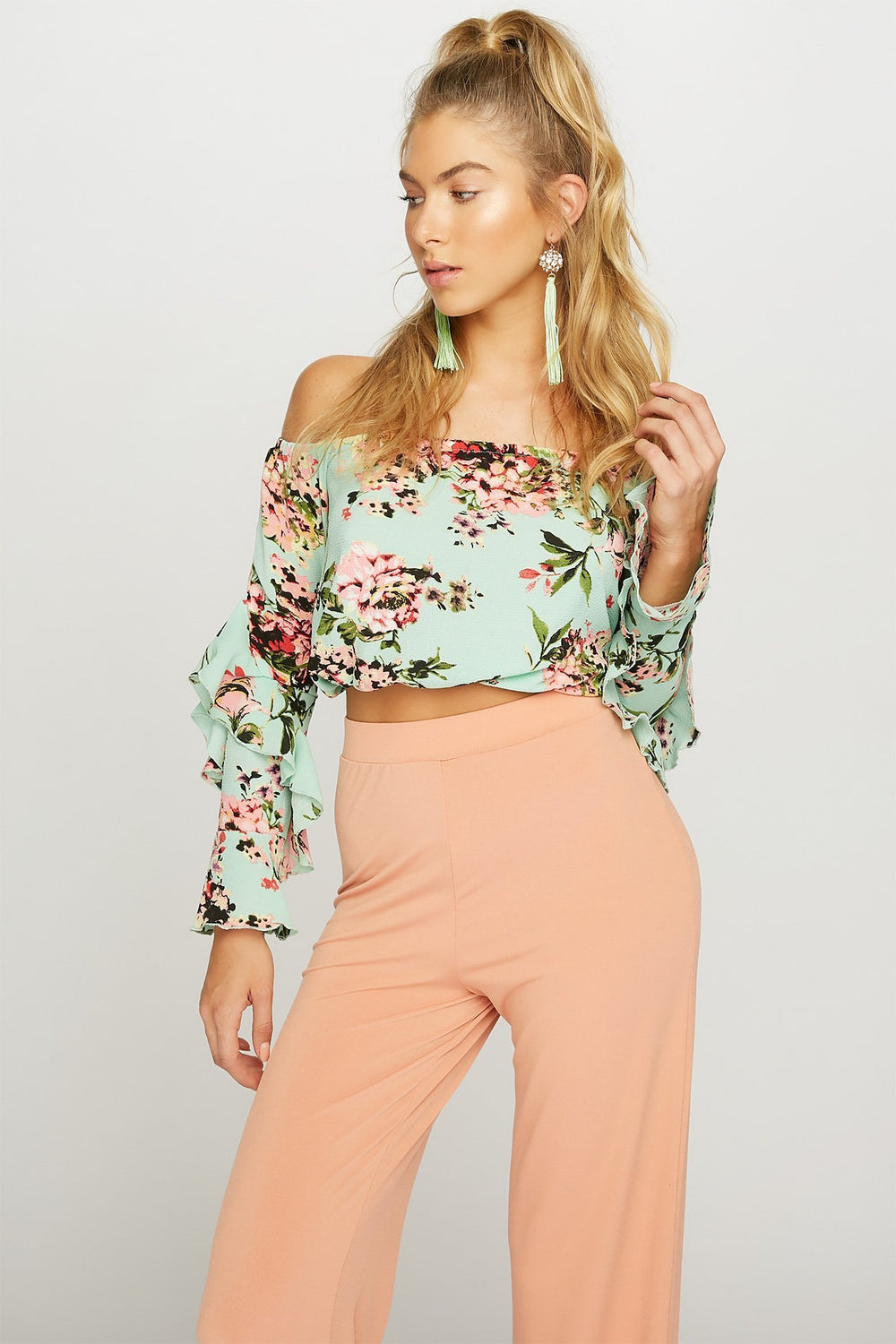 Women Off The Shoulder Ruffle Cinched Floral Bell Sleeve Blouse Assorted