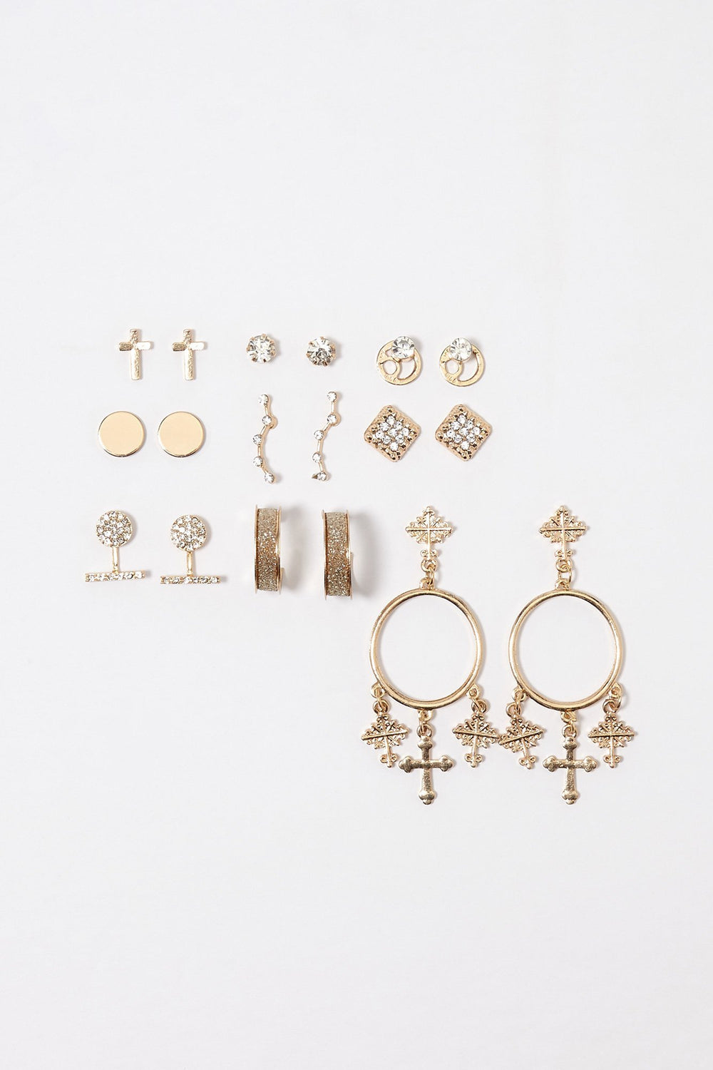 Women Assorted Cross & Rhinestone Stud Earring Set (9 Pairs) Assorted