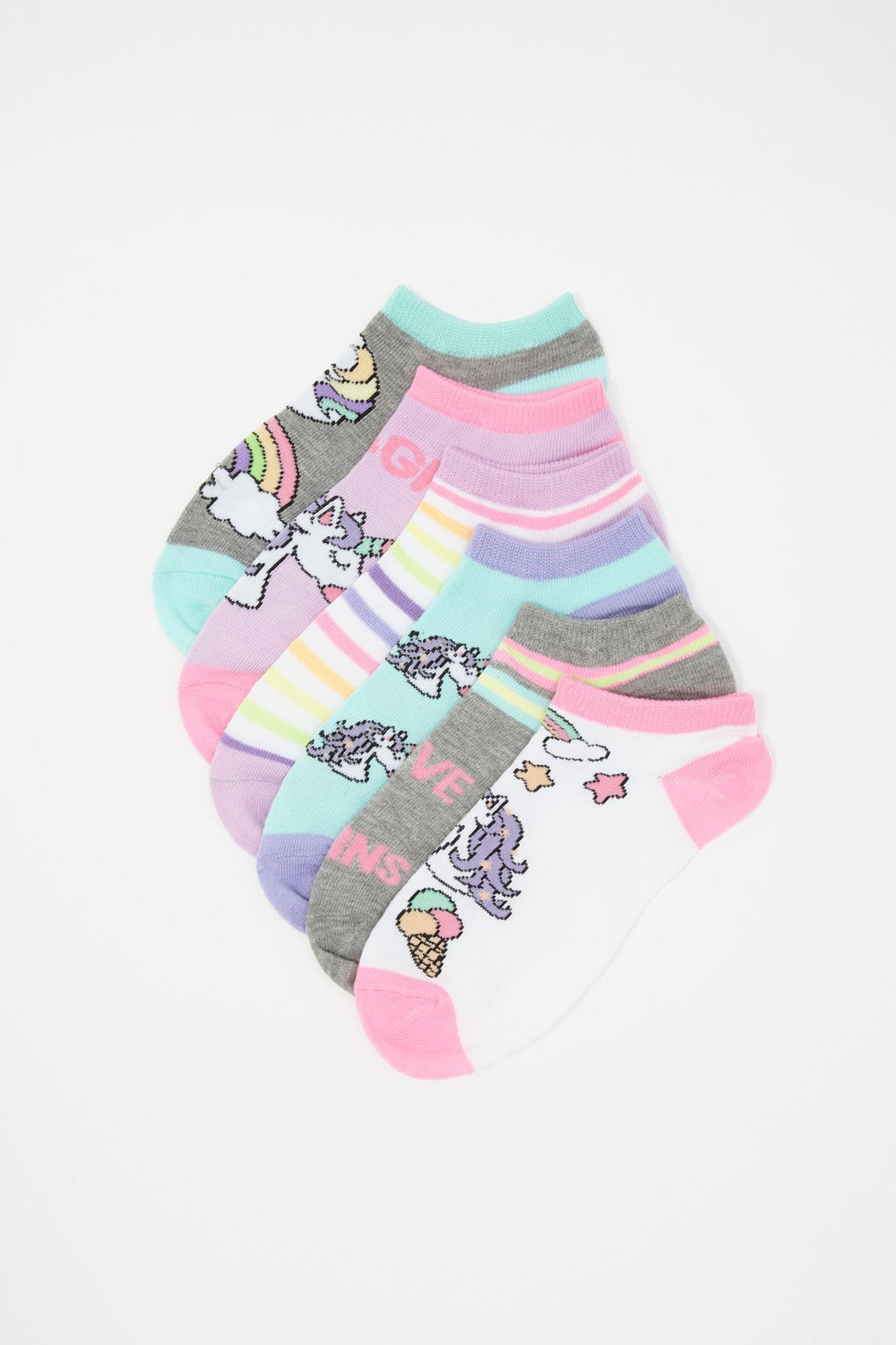 Kids Girls Coloured Unicorn Graphic Ankle Socks (6 PC) Assorted