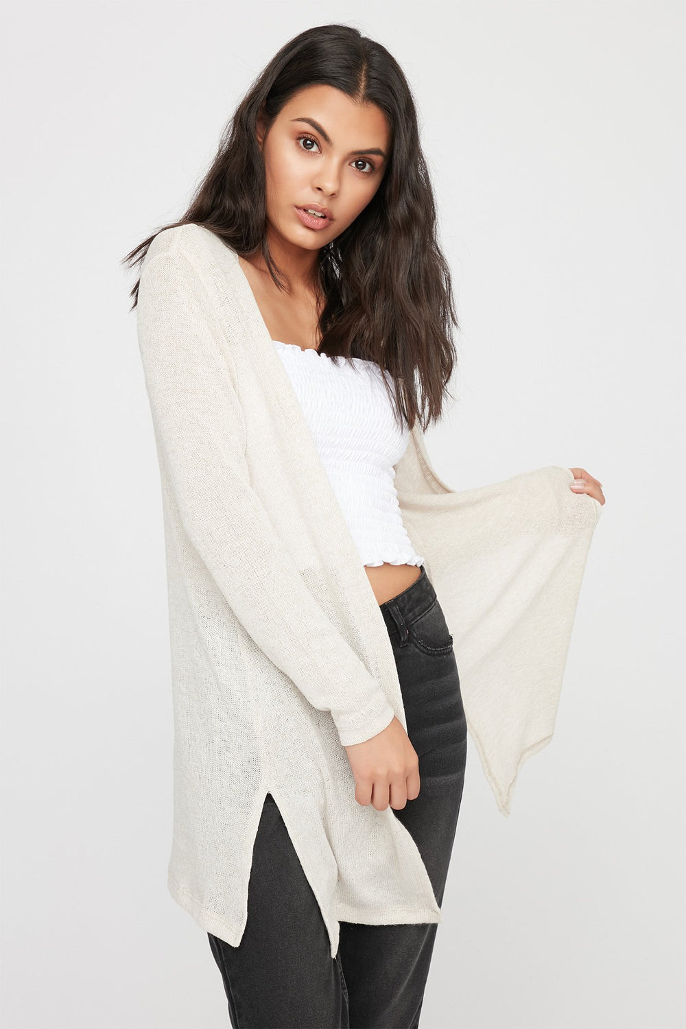 Women Cardigan long ouvert en tricot Avoine