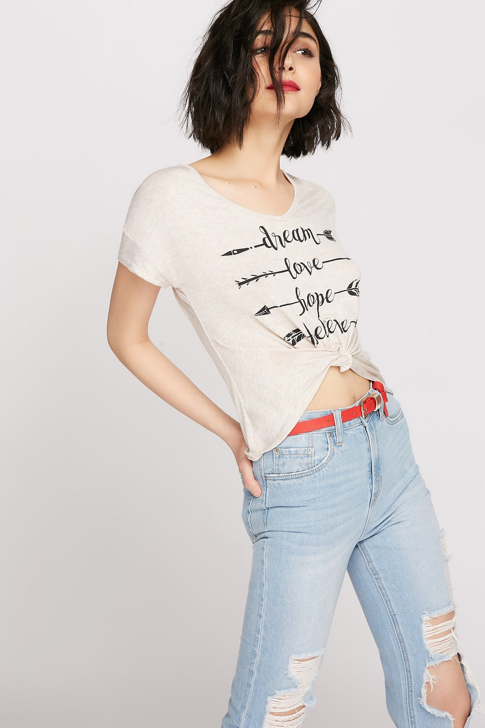 Women T-shirt noué devant à imprimé Flèche Avoine