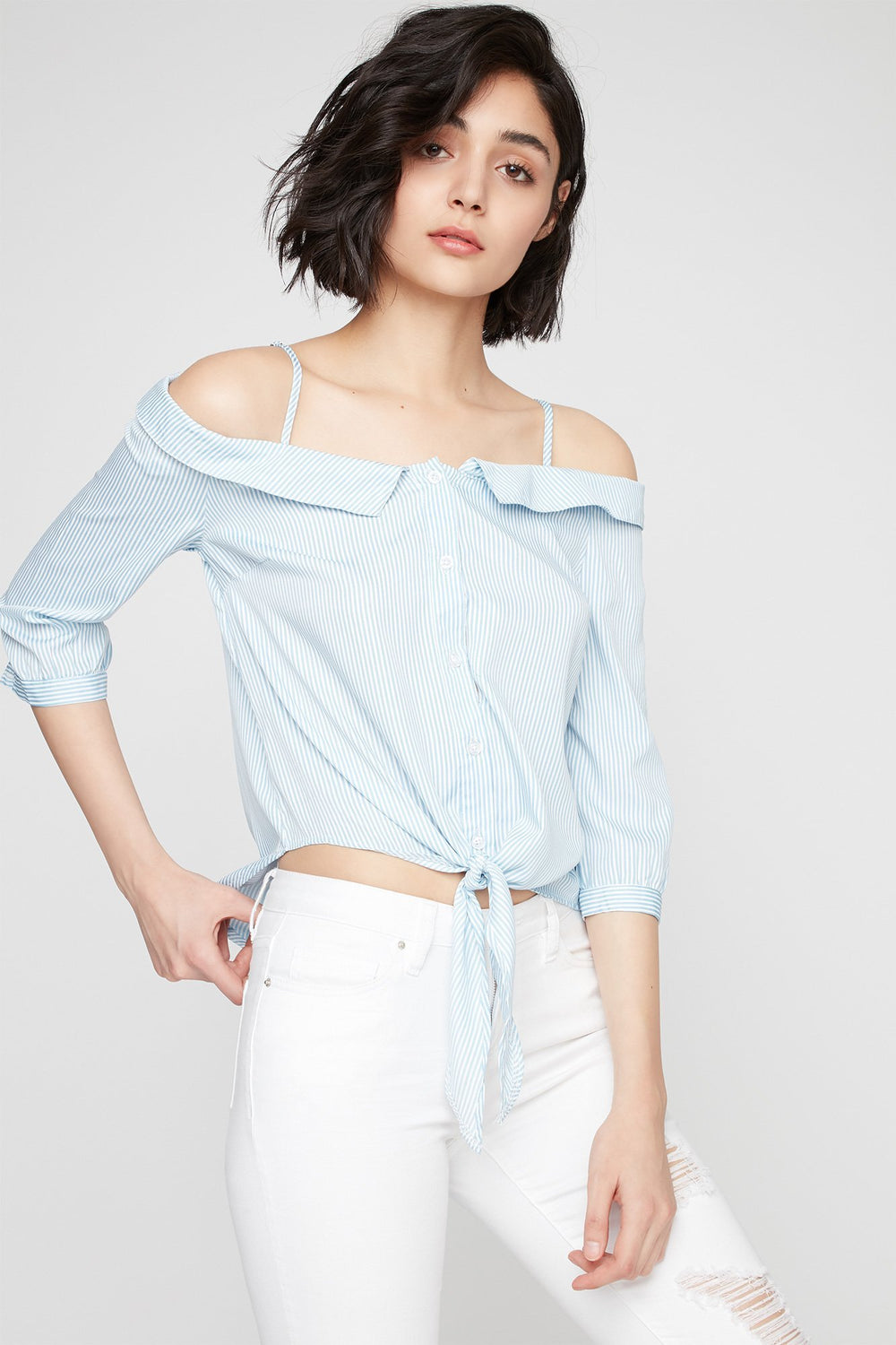 Women Cold Shoulder Striped Front-Knot Button-Up Blouse Baby Blue