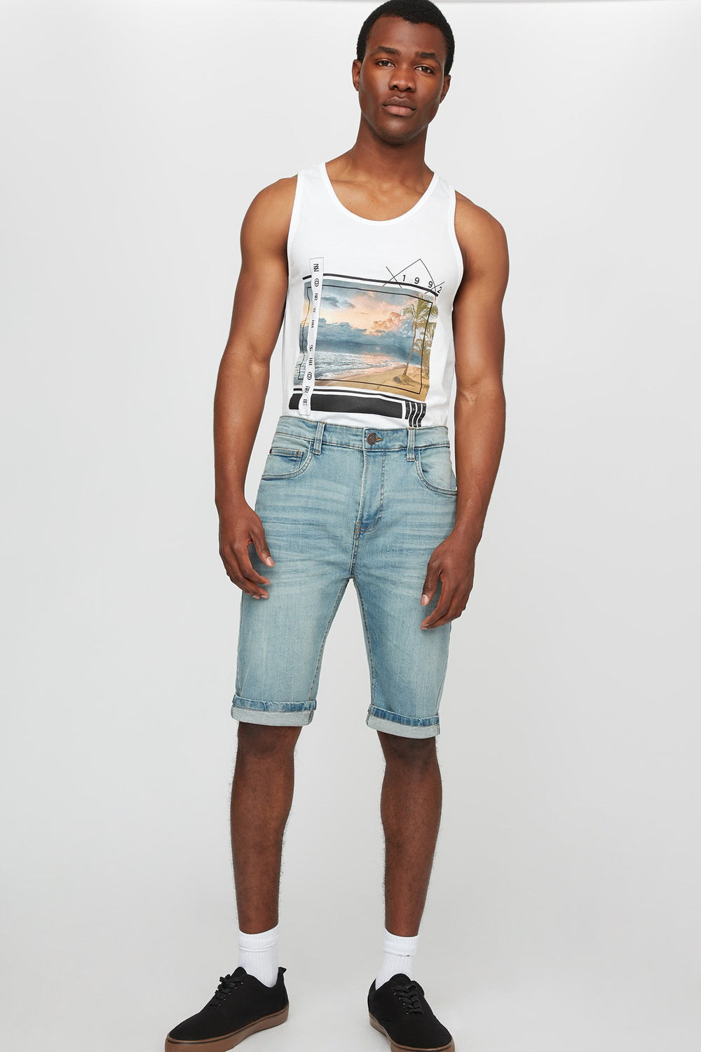 Men Light Wash Roll-Up Slim Denim Short Baby Blue