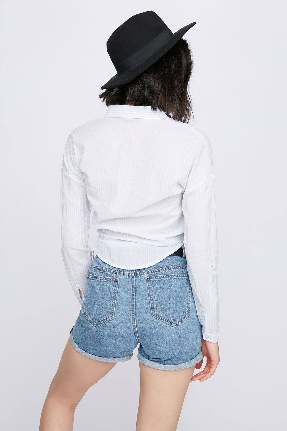 Women Striped Button-Up Front-Knot Long Sleeve Baby Blue