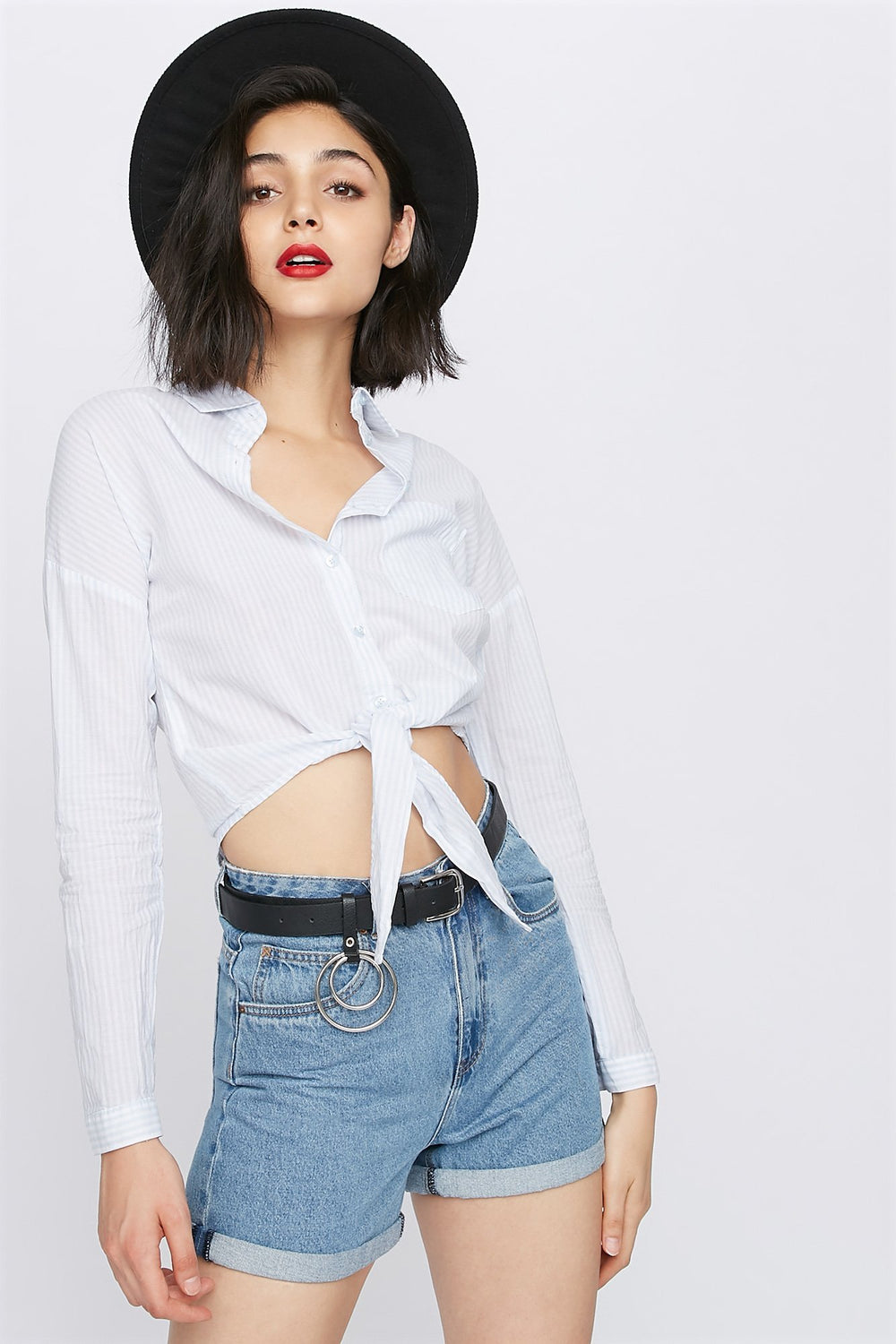 Women Striped Button-Up Front-Knot Long Sleeve Baby Blue