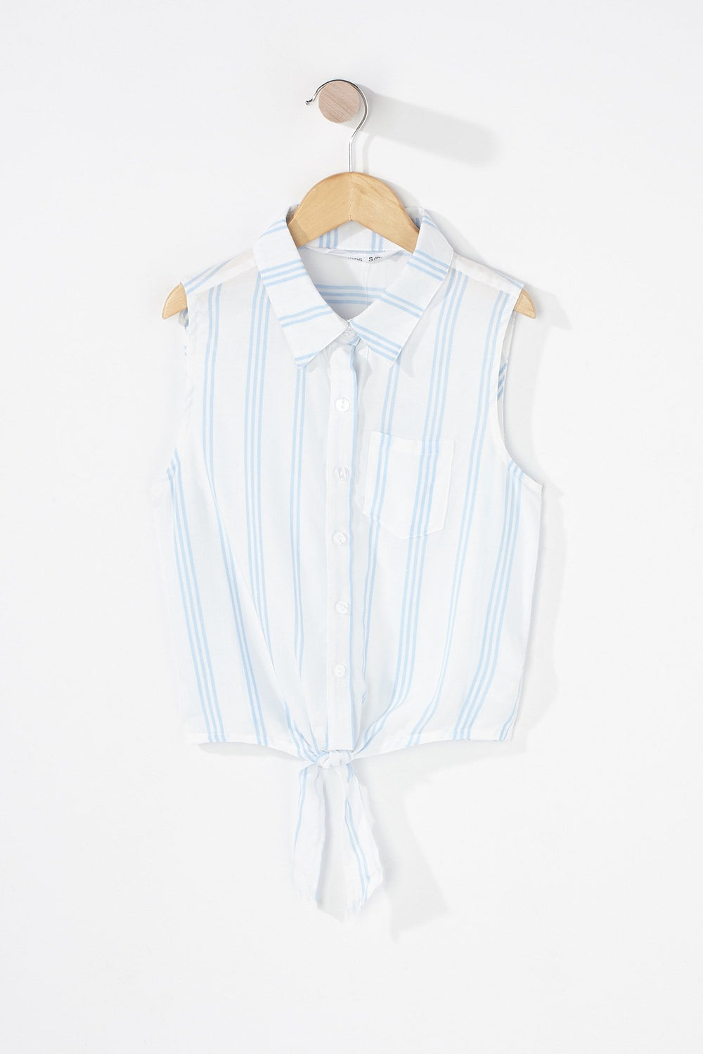 Kids Girls Printed Button-Up Self-Tie Collared Sleeveless Blouse Baby Blue