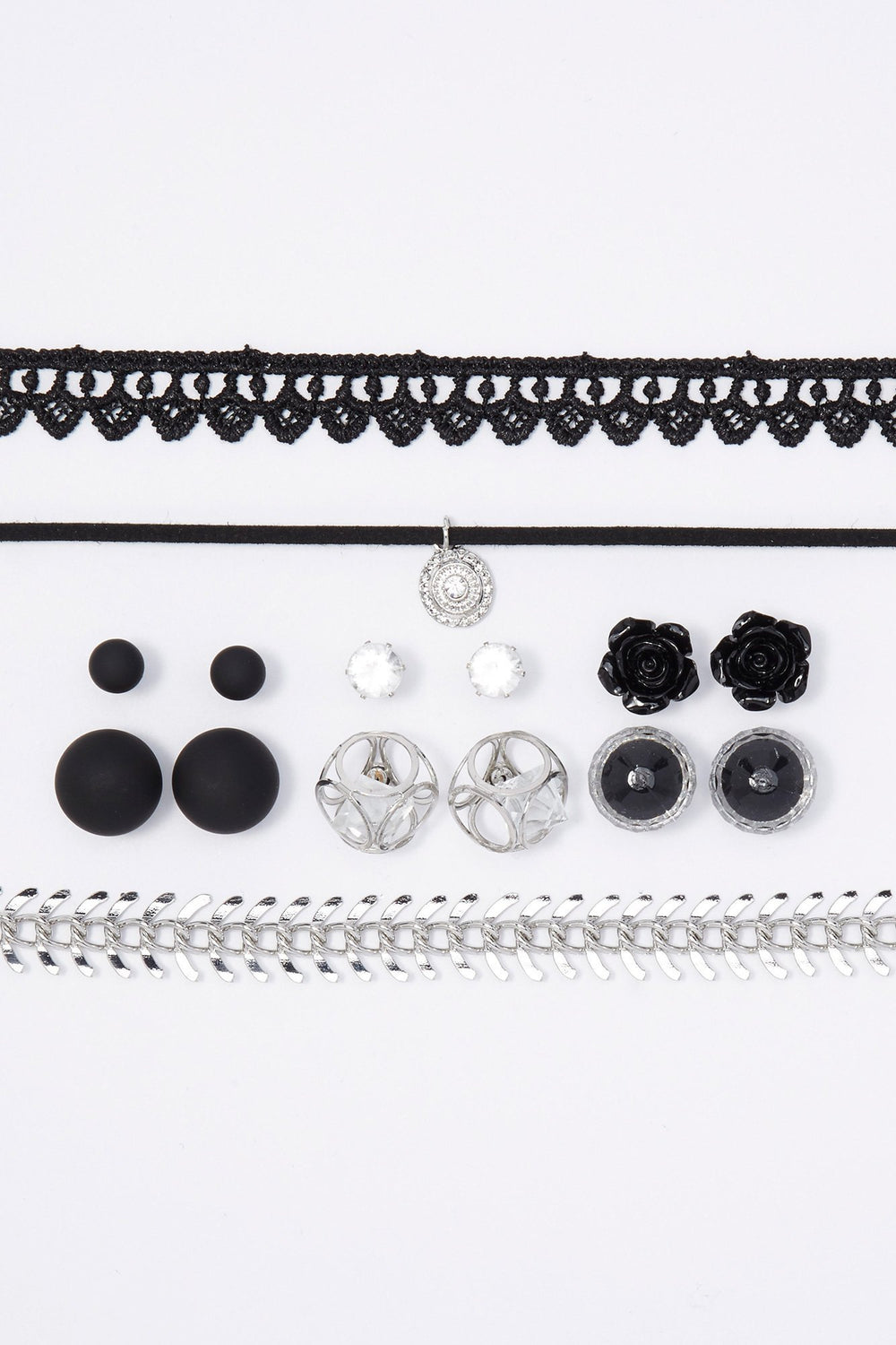 Women Geometric Rhinestone Ball Trio Choker & Front/Back Earrings Set (9 PC) Silver