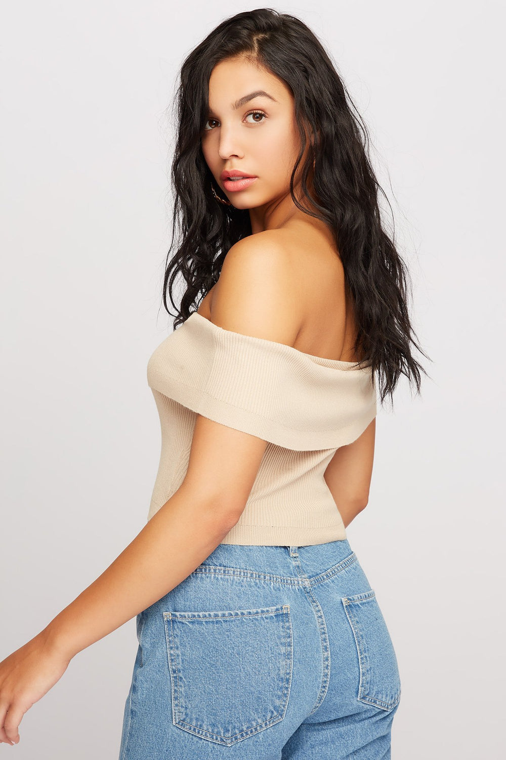 Women Blouse courte côtelée à épaules dénudées Beige