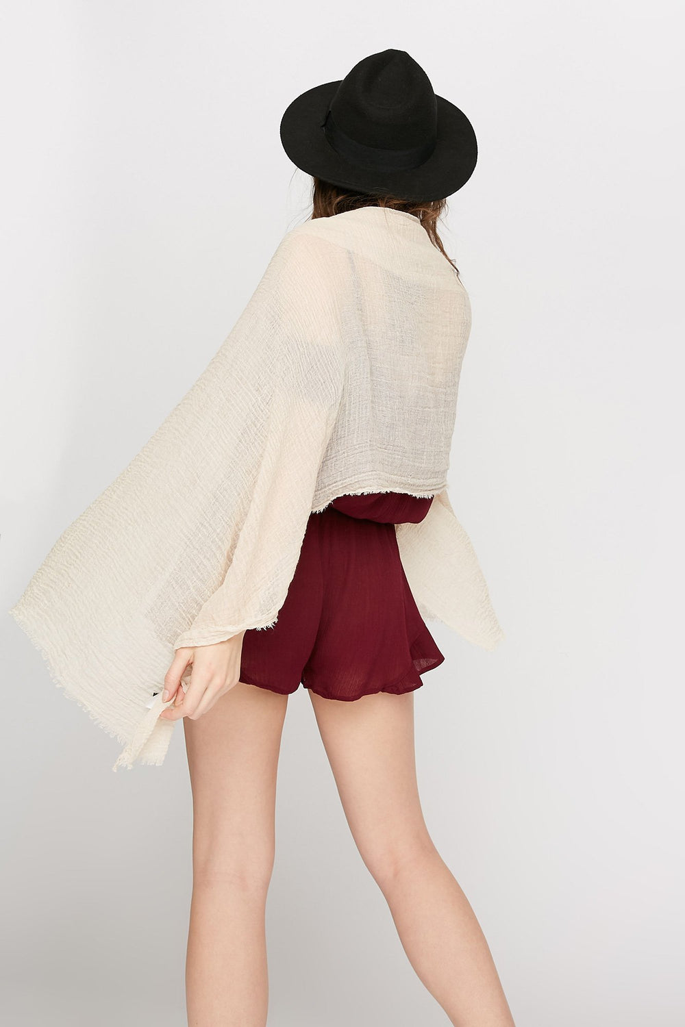 Women Longline Fringe Sheer Scarf Beige