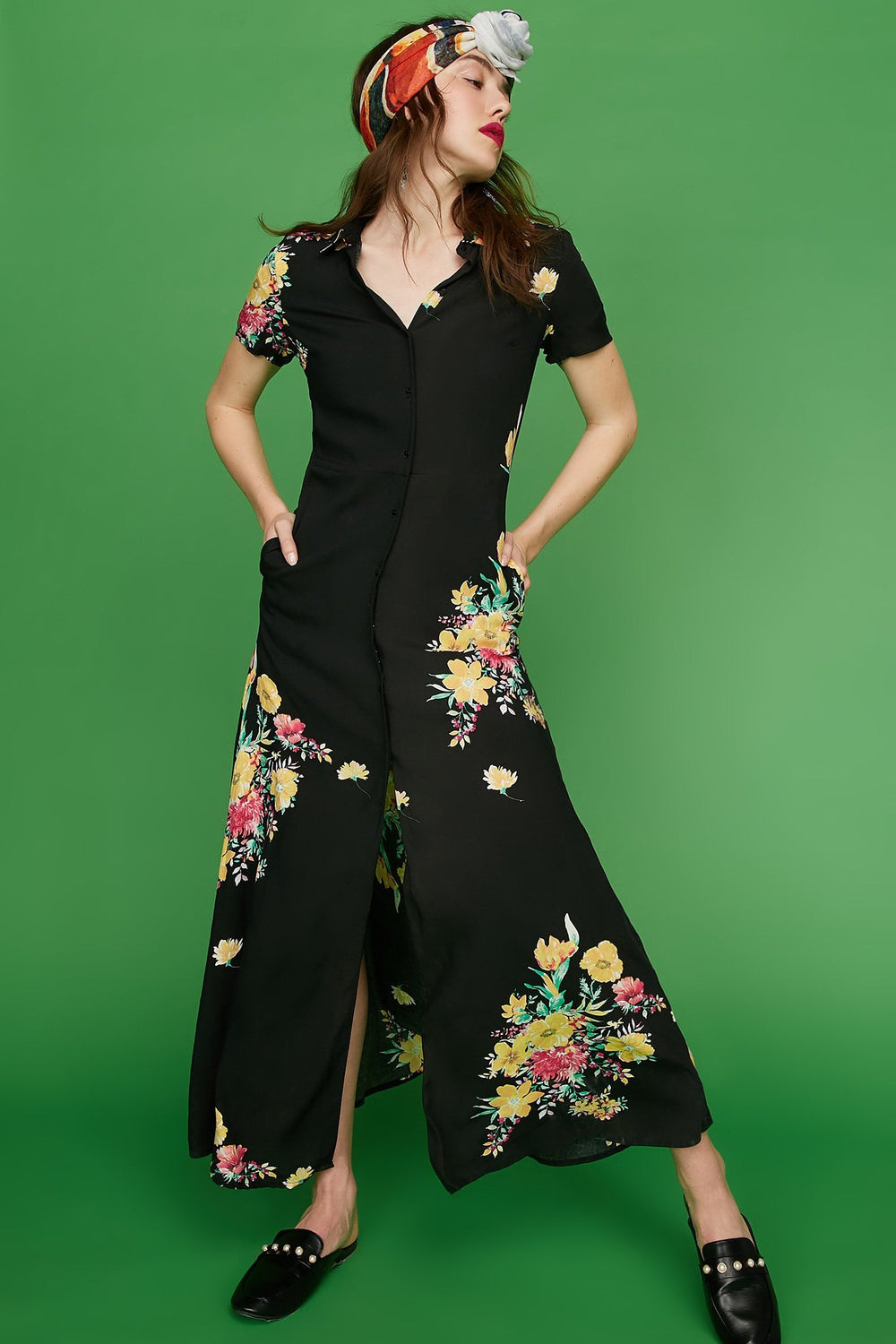Women 2-Way Printed Longline Button-Up Maxi Dress Black
