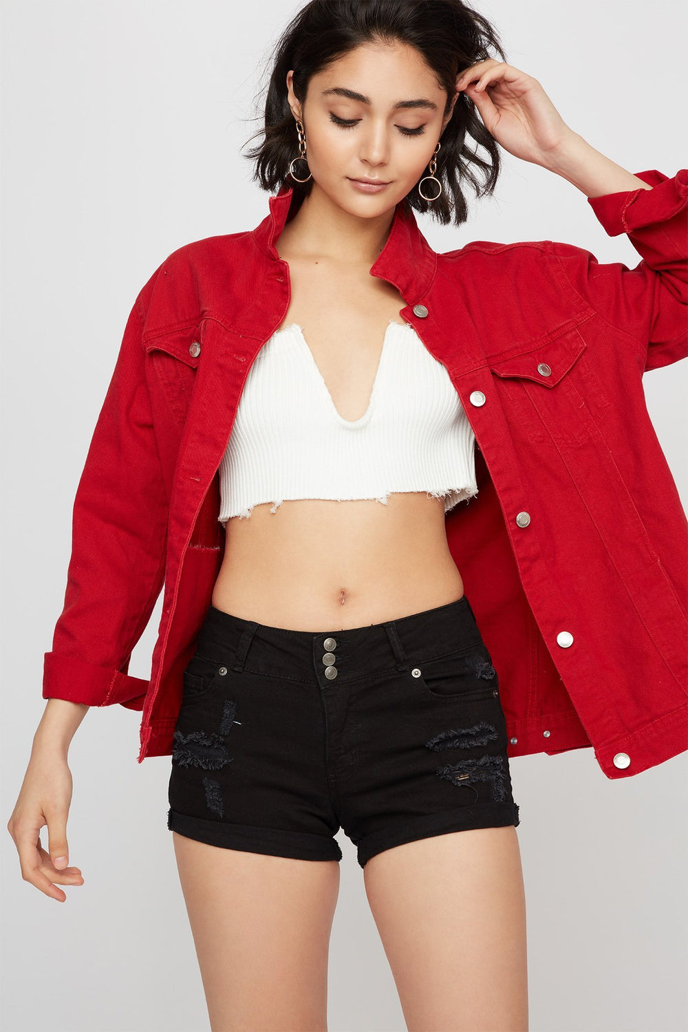 Women 3-Tier Distressed Roll-Up Denim Short Black