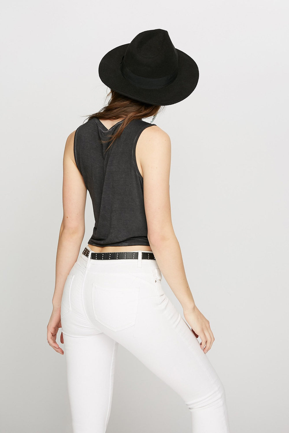 Women Acid Wash Front-Knot Self-Tie Tank Black