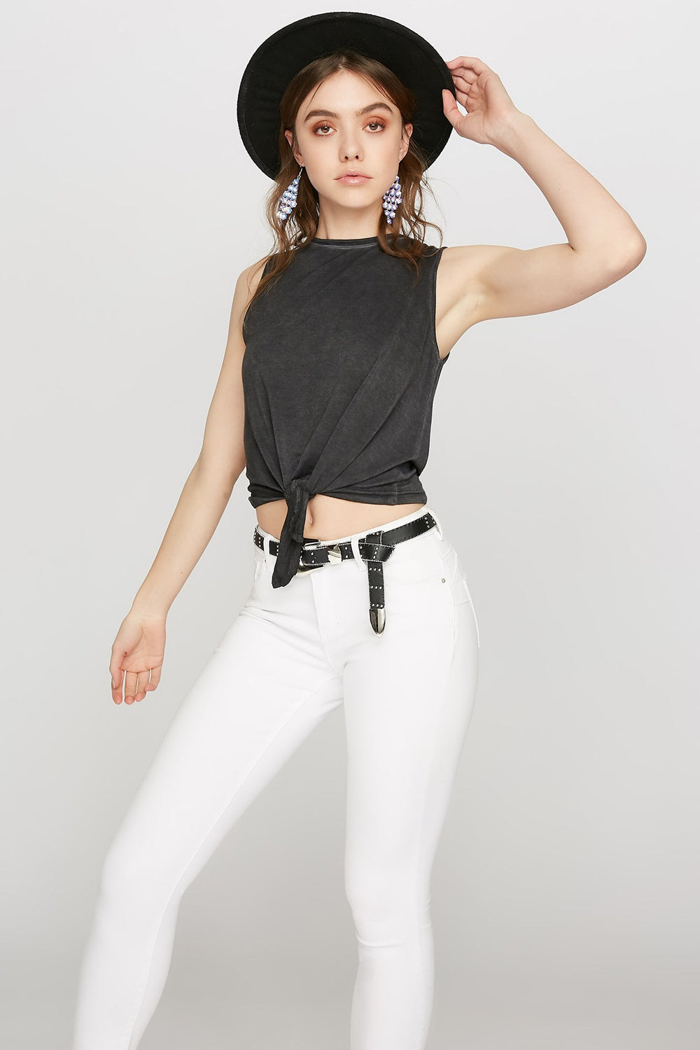 Women Acid Wash Front-Knot Self-Tie Tank Black