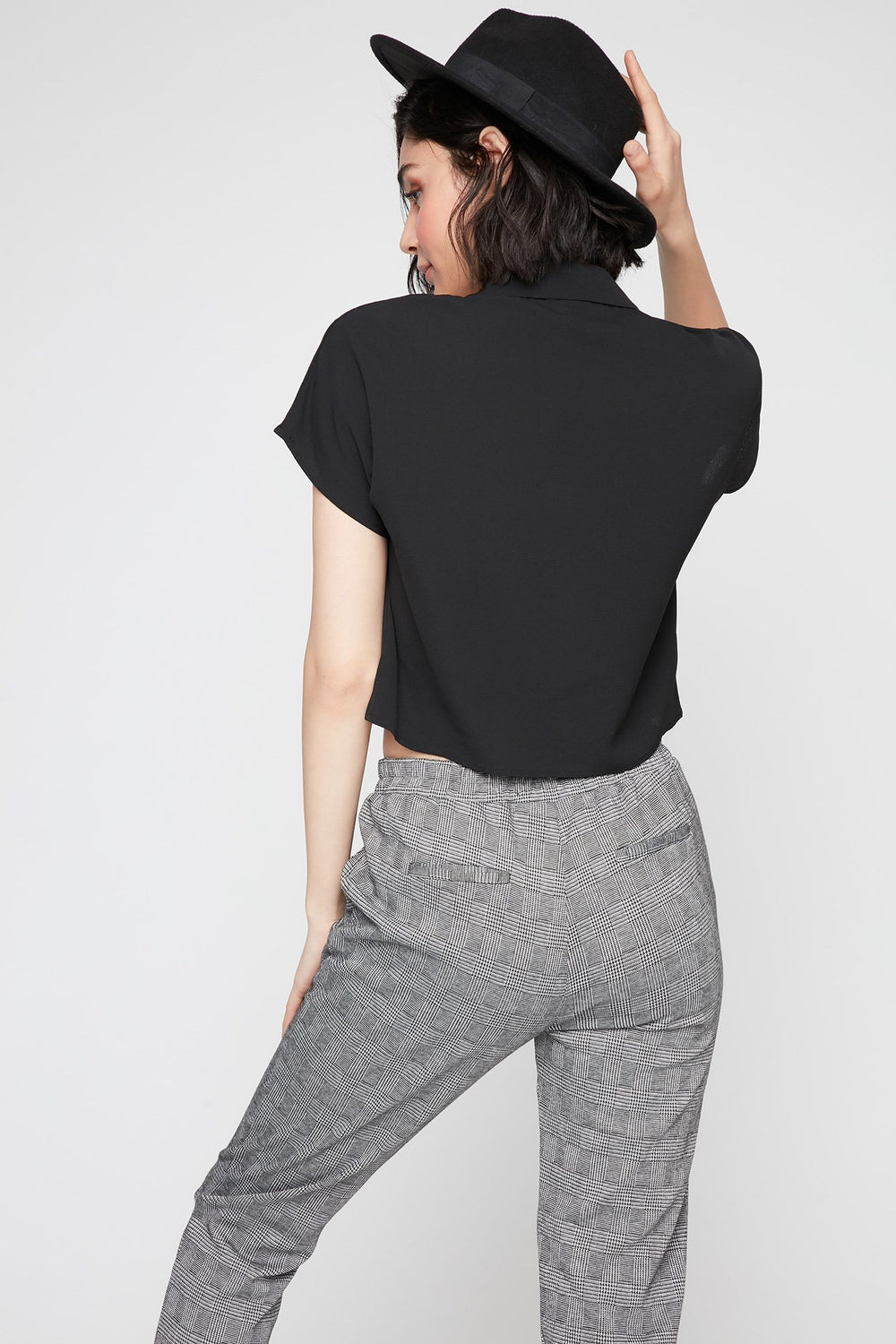 Women Button-Up Cropped Front-Knot Blouse Black