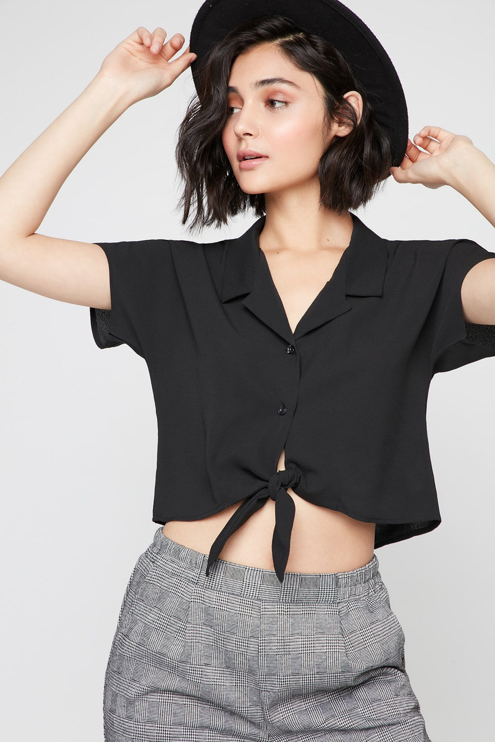 Women Button-Up Cropped Front-Knot Blouse Black