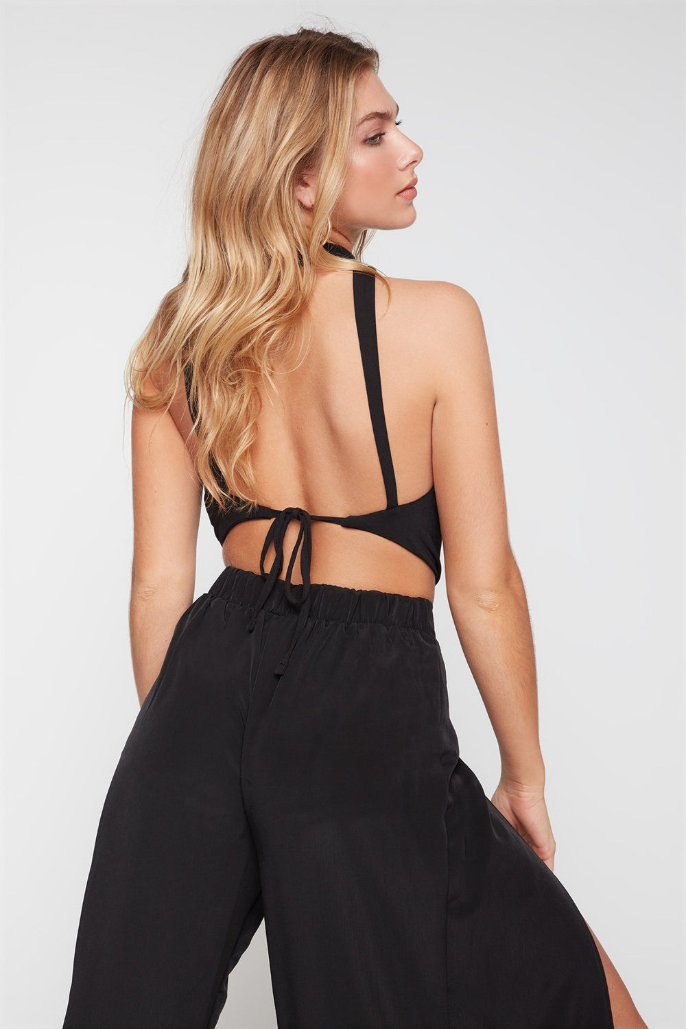 Women Choker Self-Tie Back Cropped Blouse Black