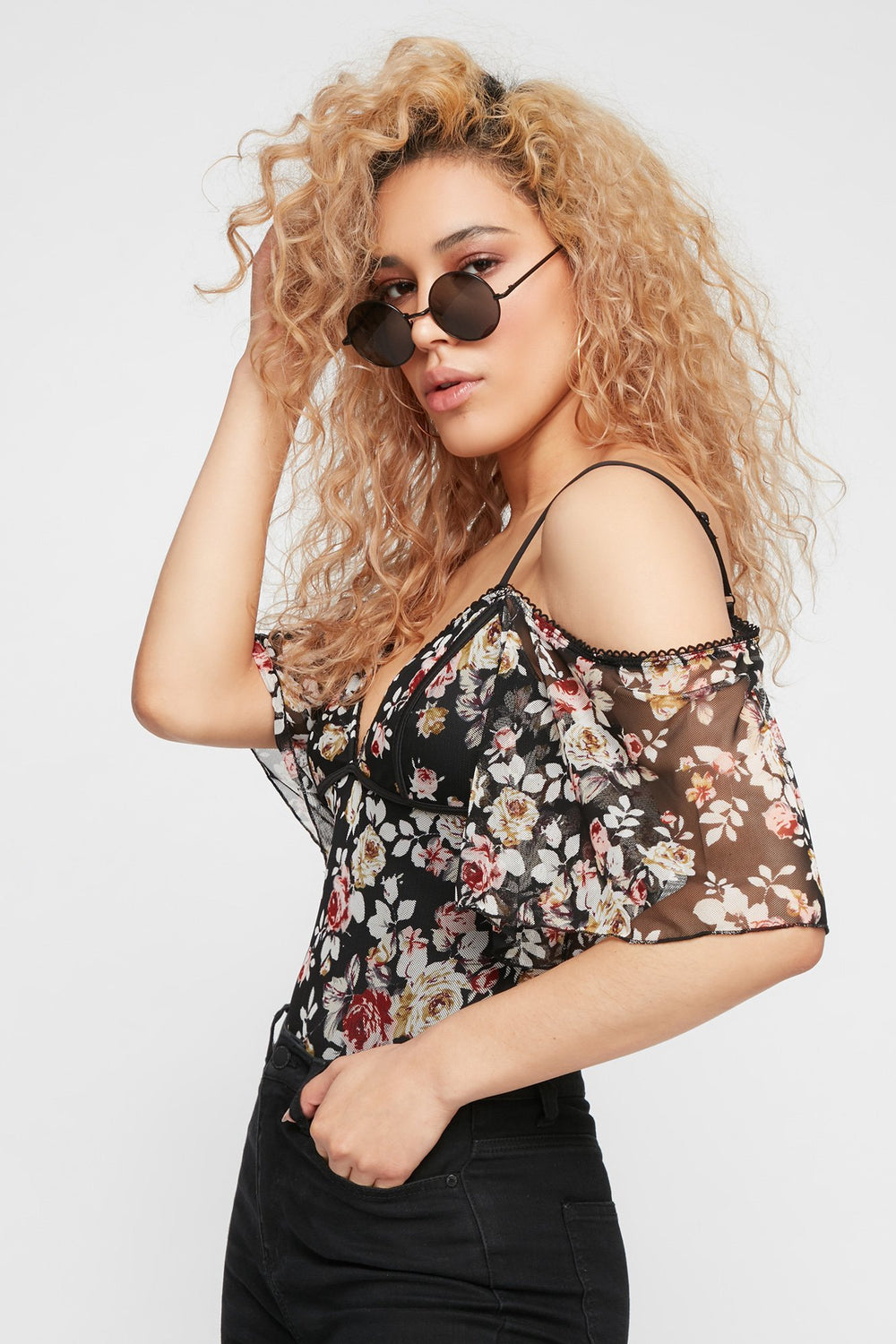 Women Cold Shoulder Floral Mesh Bodysuit Black