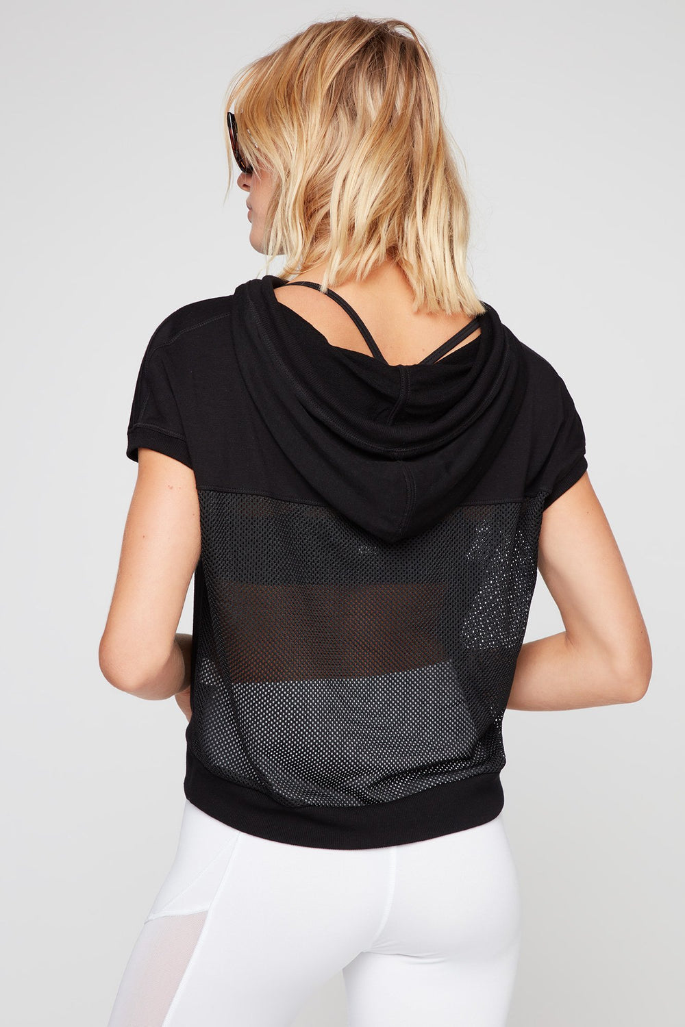 Women Colour Block Mesh Drawstring Hooded T-Shirt Black