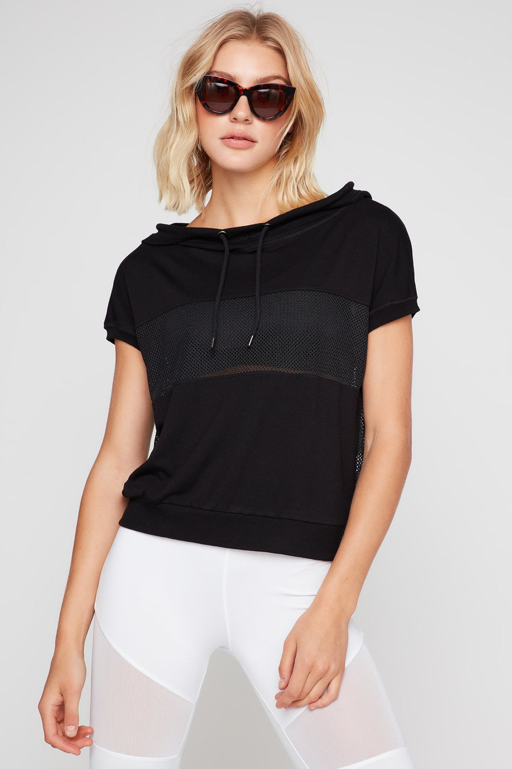 Women Colour Block Mesh Drawstring Hooded T-Shirt Black