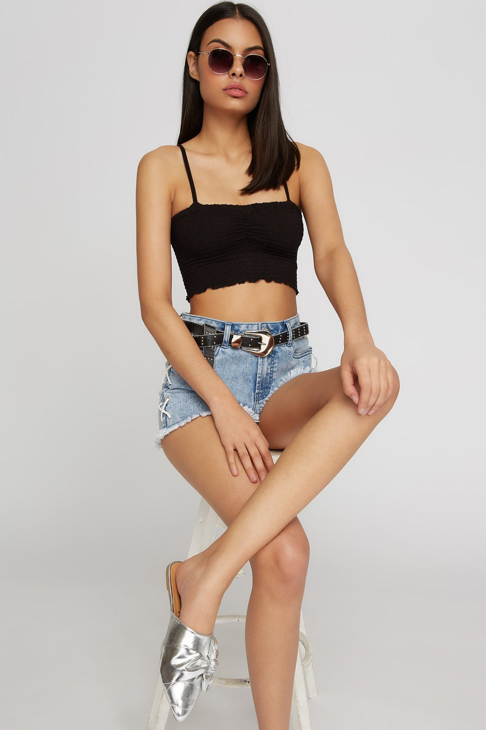 Women Cropped Smocked Camisole Black