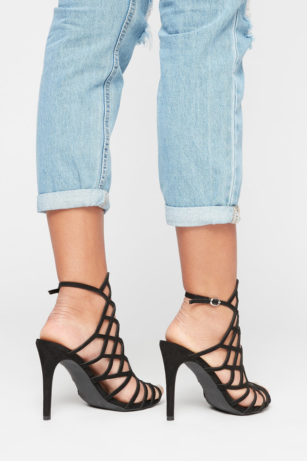 Women Faux-Suede Geometric Caged Stiletto Heel Black
