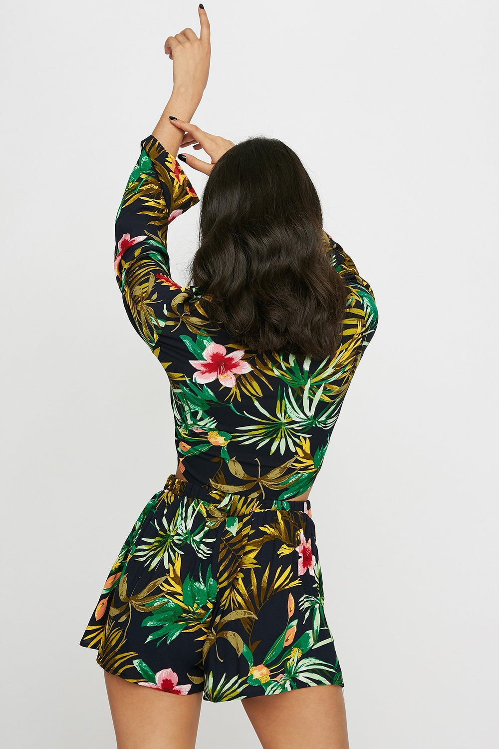 Women Floral Front-Knot Cropped Long Sleeve Black