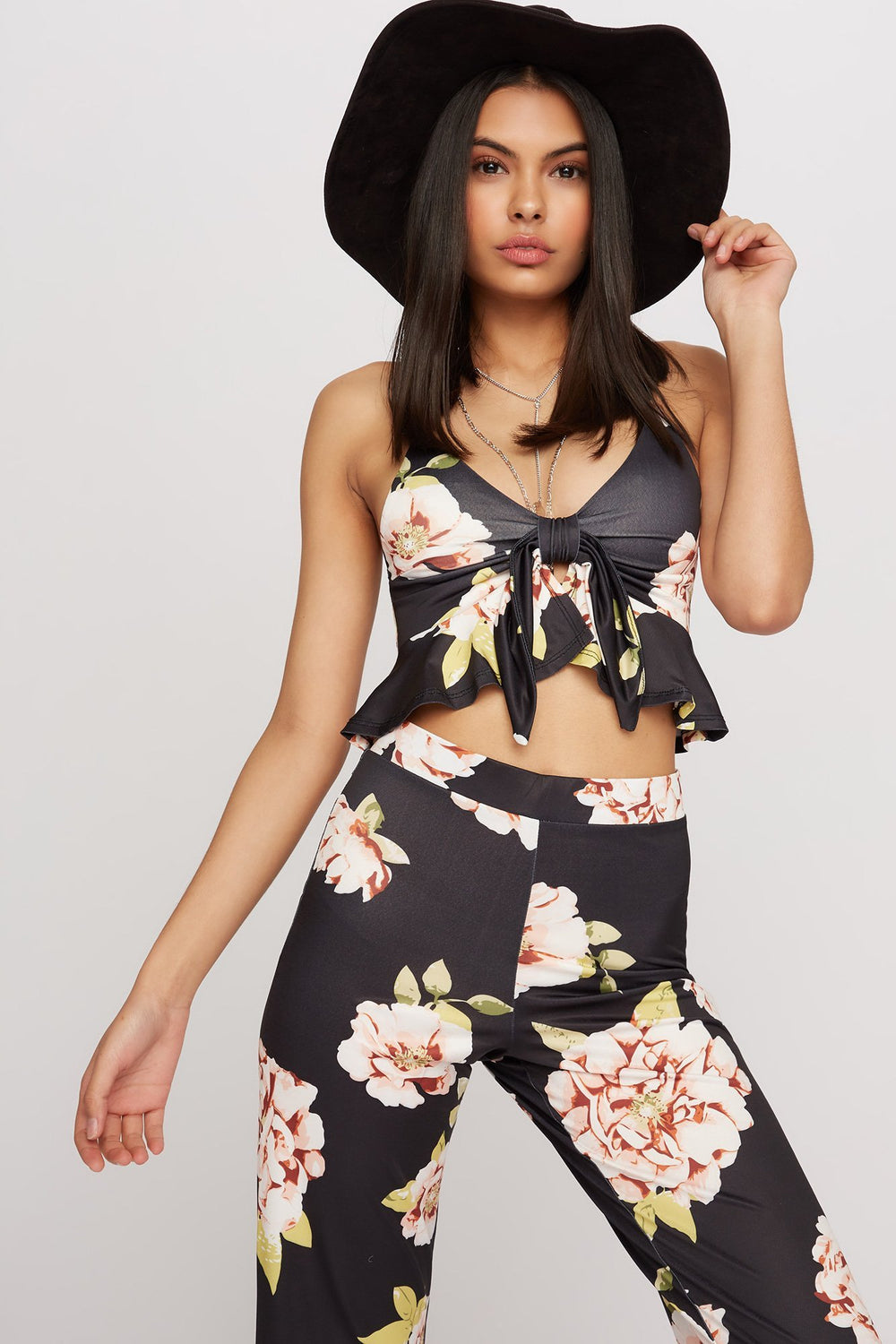 Women Floral Front-Knot Ruffle Cropped Blouse Black