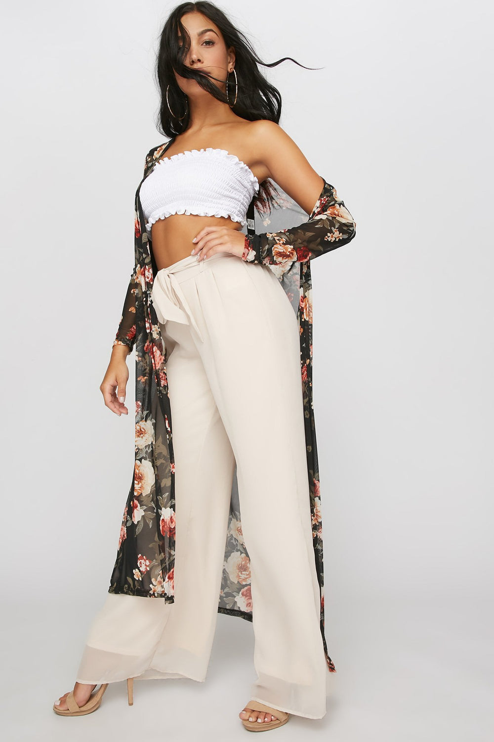 Women Floral Mesh Longline Kimono Cardigan Black