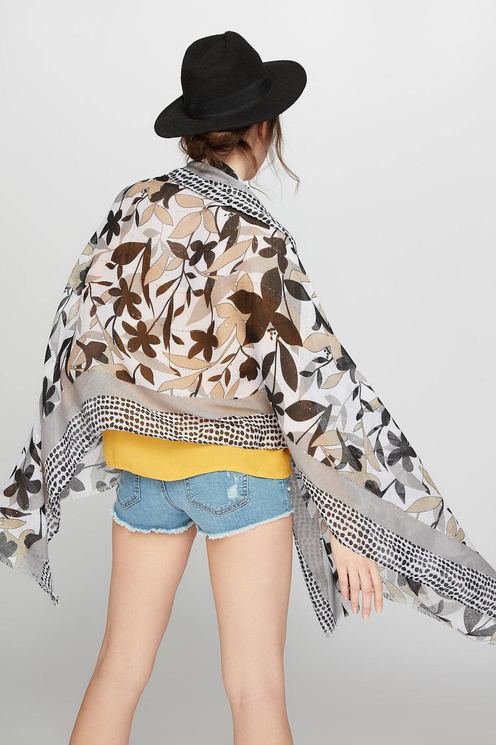 Women Floral Oblong Sheer Scarf Black