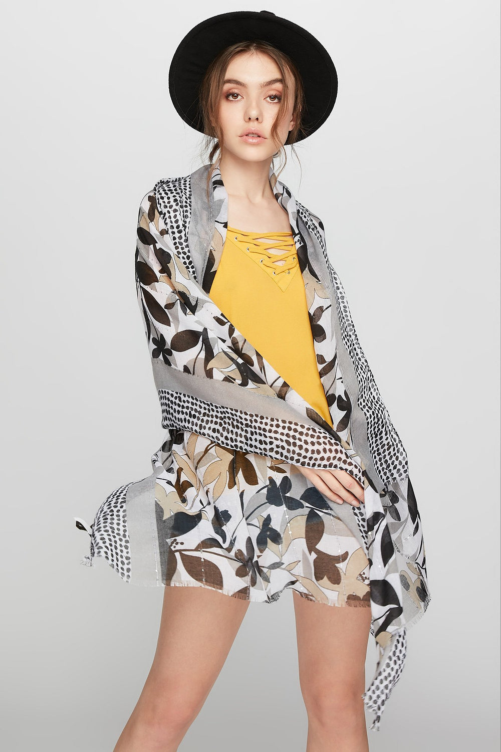 Women Floral Oblong Sheer Scarf Black