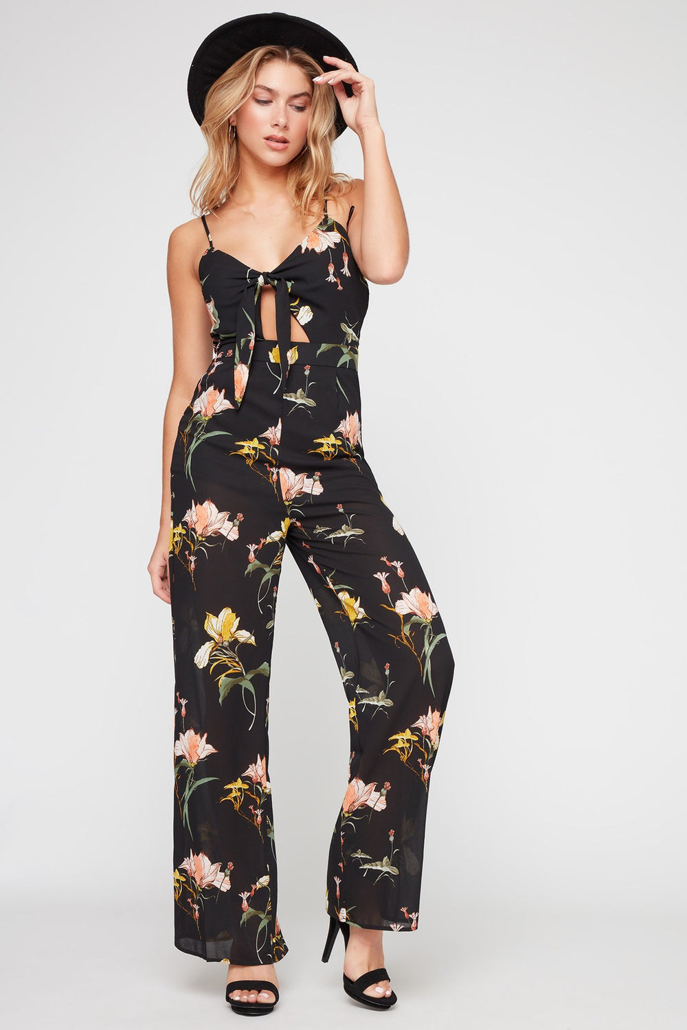 Women Floral Self-Tie Front-Knot Jumpsuit Black