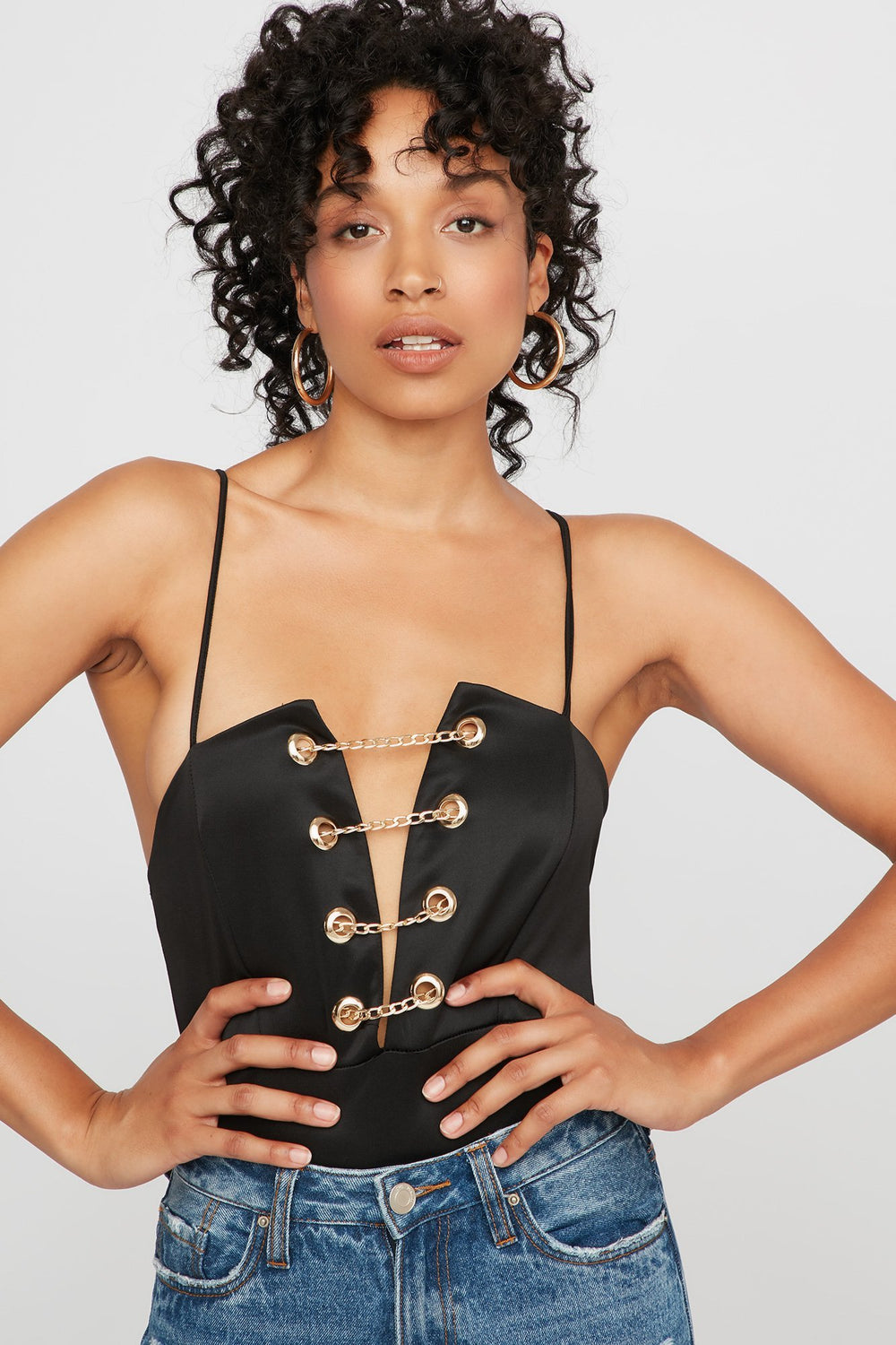 Women Front-Chain Scuba Bodysuit Black
