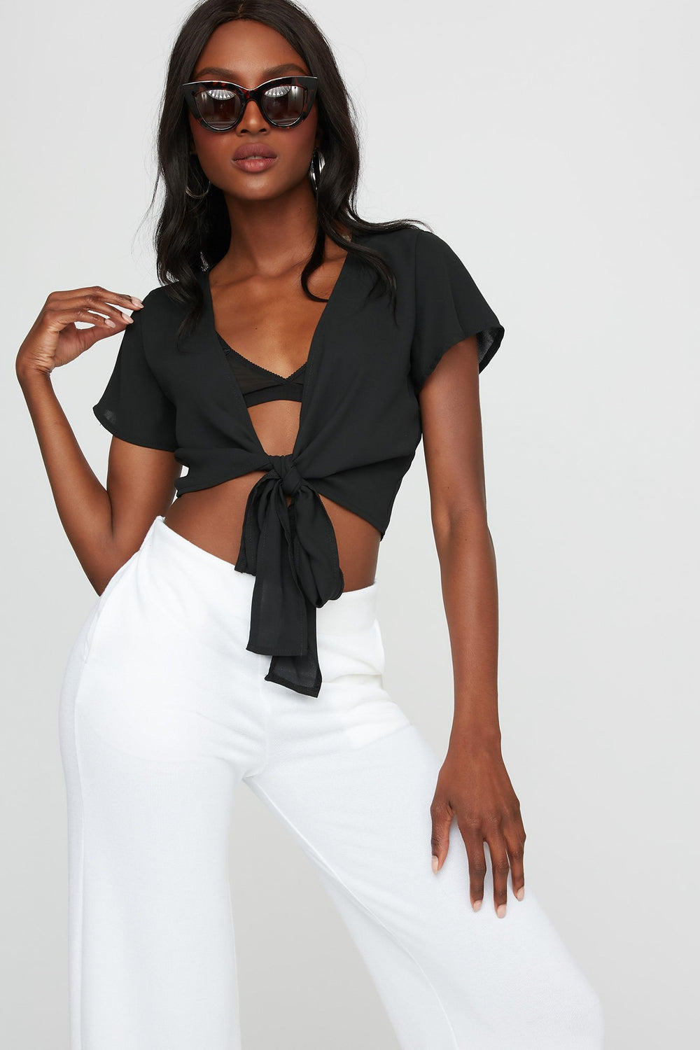Women Front-Knot Cropped Blouse Black