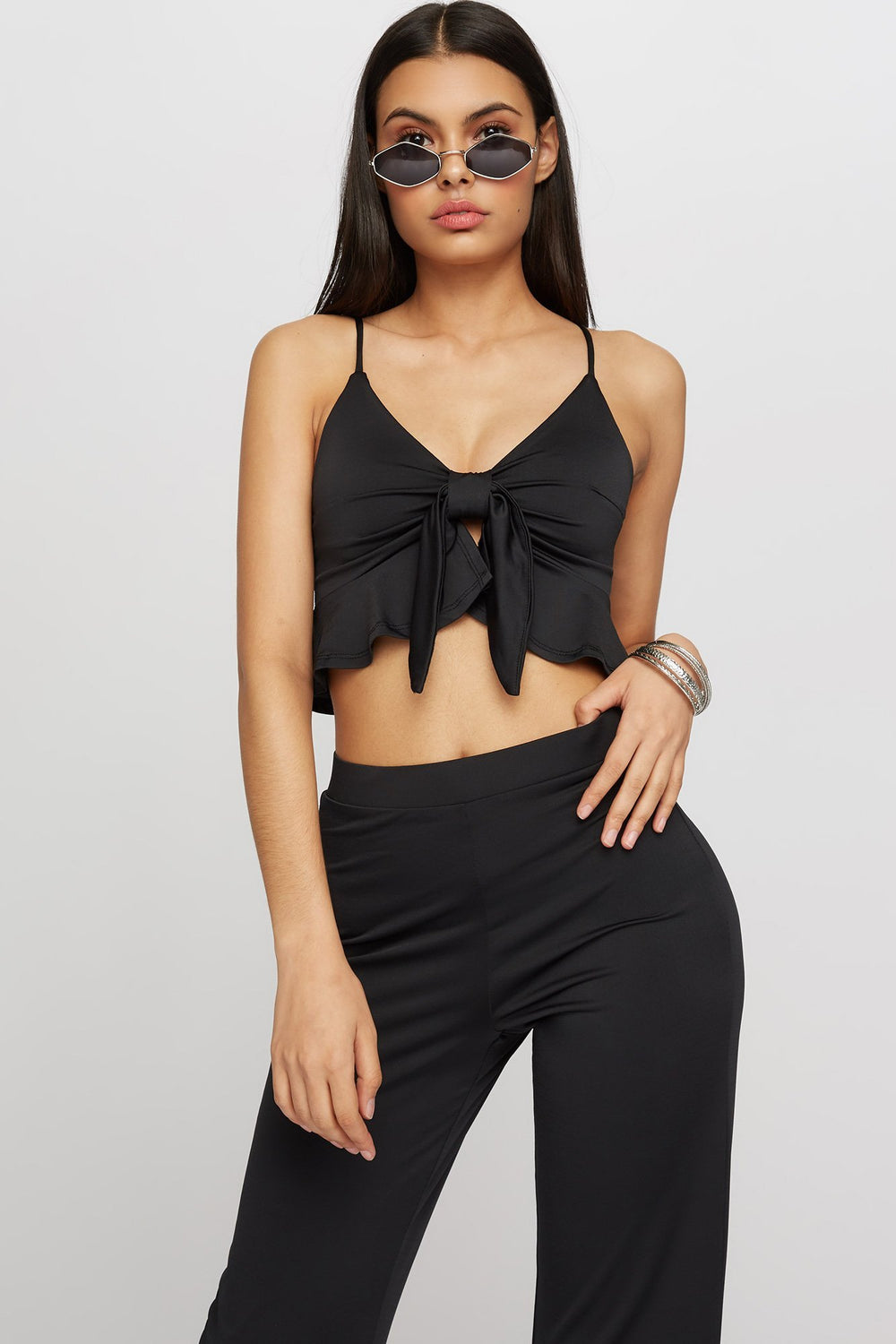 Women Front-Knot Ruffle Cropped Blouse Black