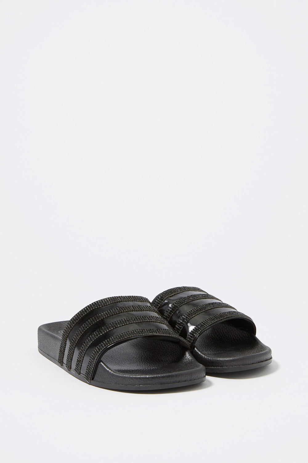 Women Glitter Striped Slider Sandals Black